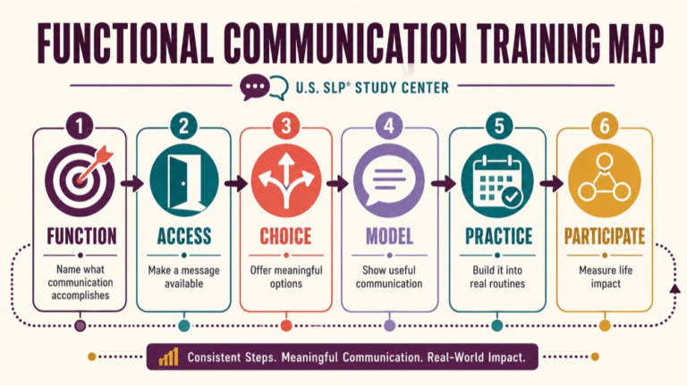 Functional communication training speech pathology concept map showing the core domains and clinical questions