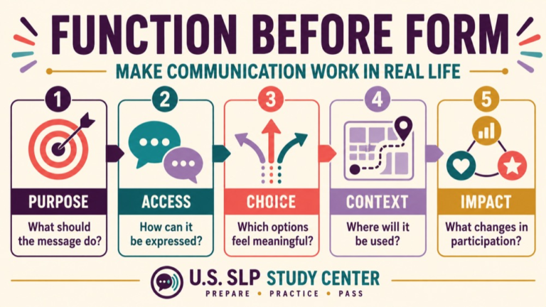 Functional communication training speech pathology infographic showing context, evidence, and proportionate next steps