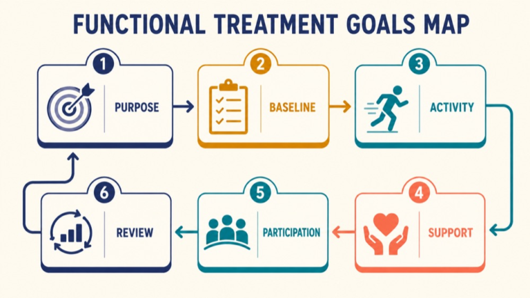 Functional treatment goals concept map showing the core domains and clinical questions