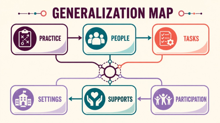 Generalization in speech therapy concept map showing the core domains and clinical questions