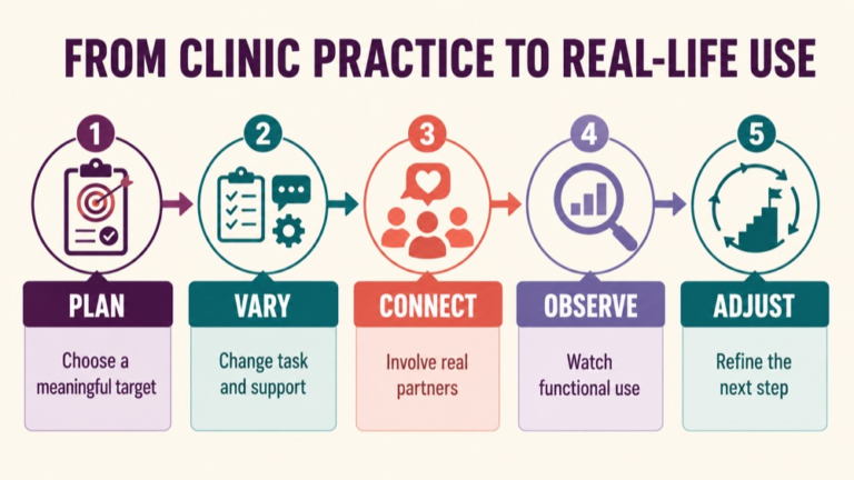 Generalization in speech therapy infographic showing context, evidence, and proportionate next steps