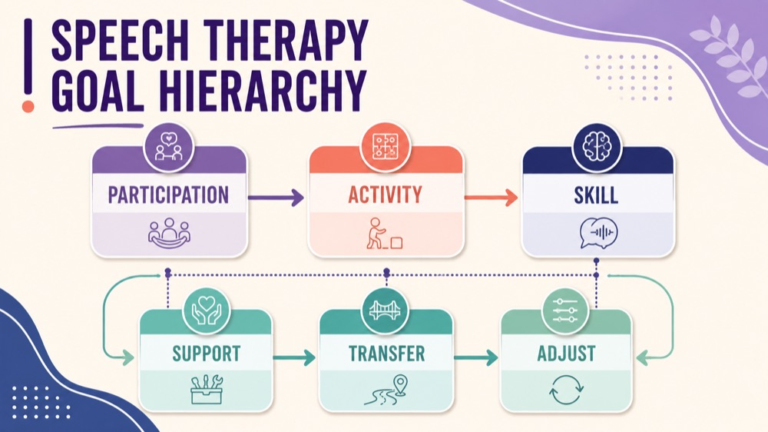 Goal hierarchy speech therapy concept map showing the core domains and clinical questions