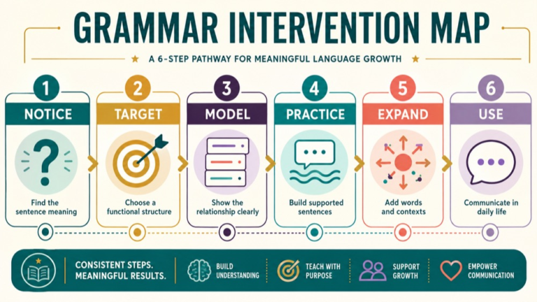 Grammar intervention concept map showing the core domains and clinical questions
