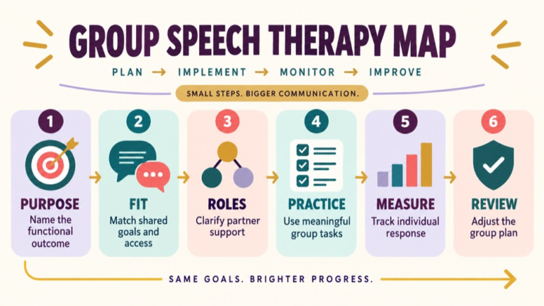 Group speech therapy concept map showing the core domains and clinical questions