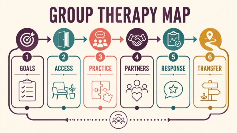 Group therapy aphasia concept map showing the core domains and clinical questions