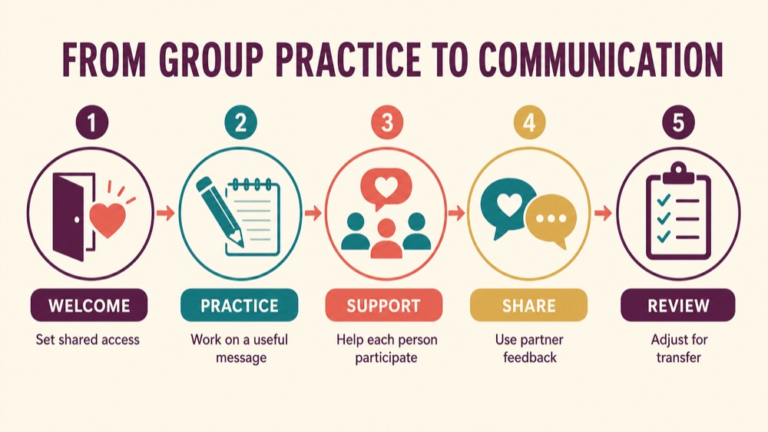 Group therapy aphasia infographic showing context, evidence, and proportionate next steps
