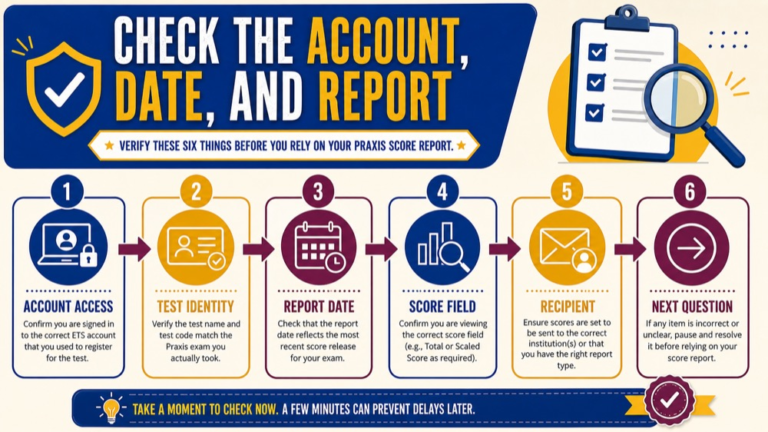 how do i get my praxis scores infographic showing check the account, date, and report