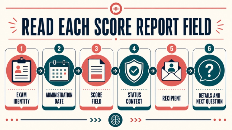 how to read a praxis score report infographic showing read each score report field