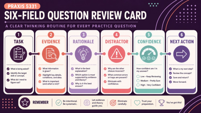 How to review SLP Praxis practice questions six field review card for task evidence and rationale