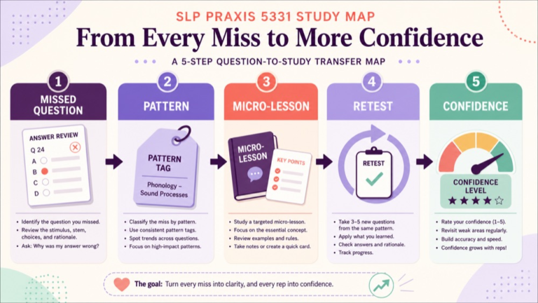 How to review SLP Praxis practice questions transfer map from one item to a new study case