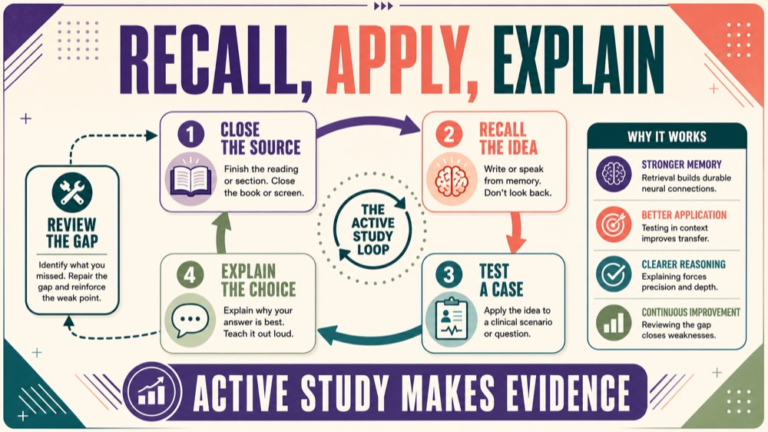 how to study for slp praxis infographic showing recall, apply, explain