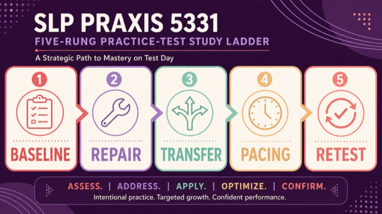 How to use SLP Praxis practice tests with a five-step study ladder from baseline to retest