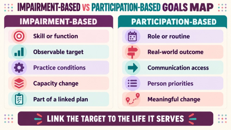Impairment based vs participation based goals concept map showing the core domains and clinical questions