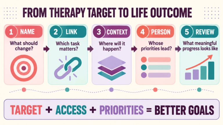 Impairment based vs participation based goals infographic showing context, evidence, and proportionate next steps