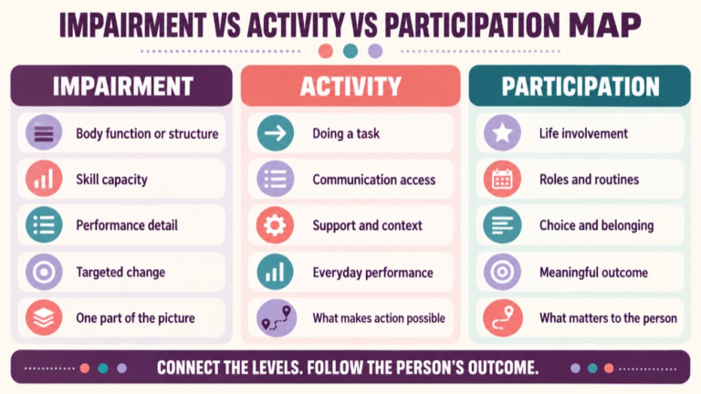 Impairment vs activity vs participation concept map showing the core domains and clinical questions