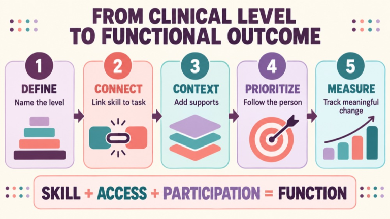 Impairment vs activity vs participation infographic showing context, evidence, and proportionate next steps