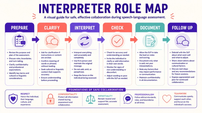 Interpreter use in assessment concept map showing the core domains and clinical questions
