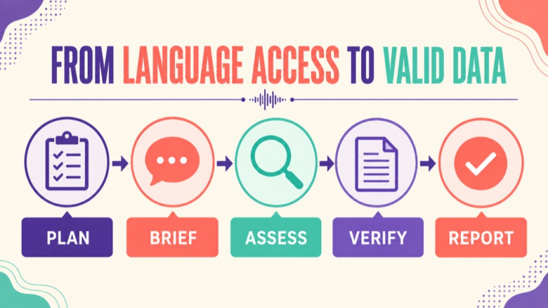 Interpreter use in assessment infographic showing context, evidence, and proportionate next steps