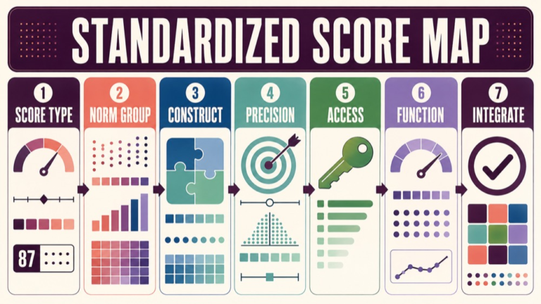 Interpreting standardized test scores concept map showing the core assessment domains and clinical questions
