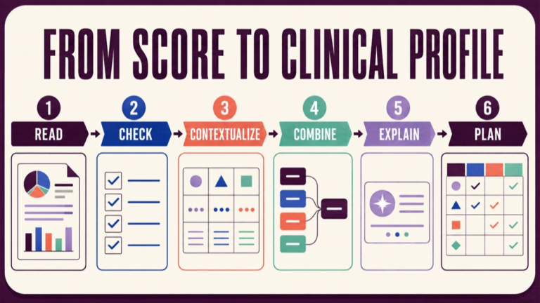 Interpreting standardized test scores infographic showing context, evidence, and proportionate next steps