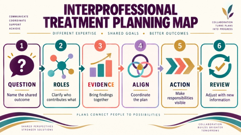 Interprofessional treatment planning concept map showing the core domains and clinical questions