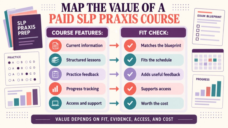 Is a paid slp praxis course worth it concept map showing the core domains and clinical questions
