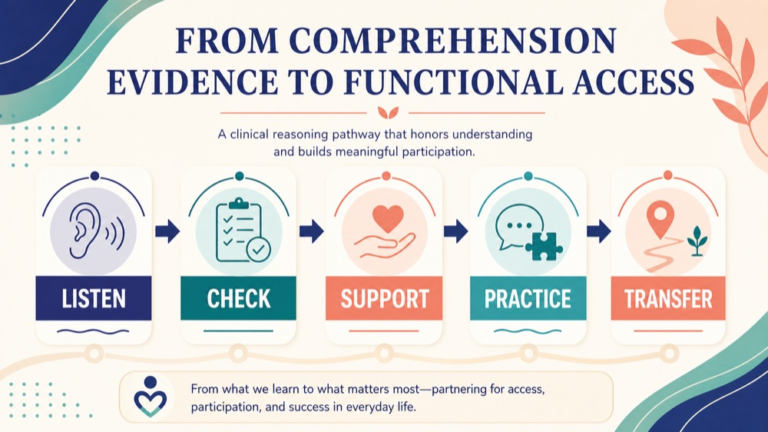 Language comprehension assessment infographic showing context, evidence, and proportionate next steps