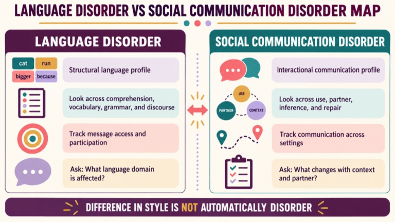 Language disorder vs social communication disorder concept map showing the core domains and clinical questions