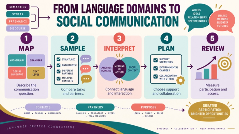 Language disorder vs social communication disorder infographic showing context, evidence, and proportionate next steps