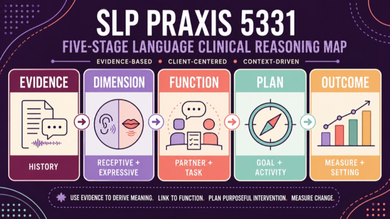 Language disorders Praxis practice questions showing a five-stage evidence to plan study map