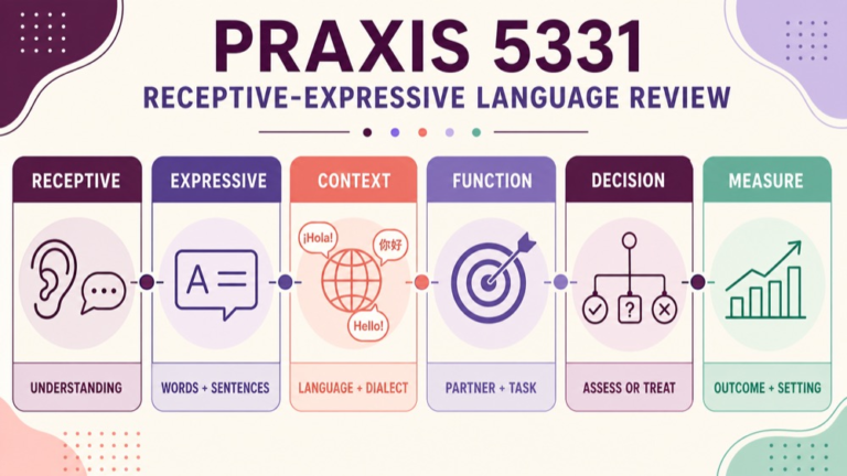 Language disorders Praxis practice questions showing a receptive and expressive language review board