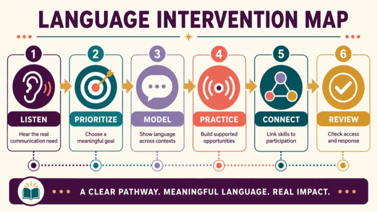 Language intervention approaches concept map showing the core domains and clinical questions