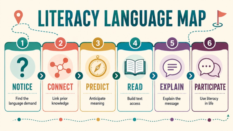 Literacy language intervention concept map showing the core domains and clinical questions