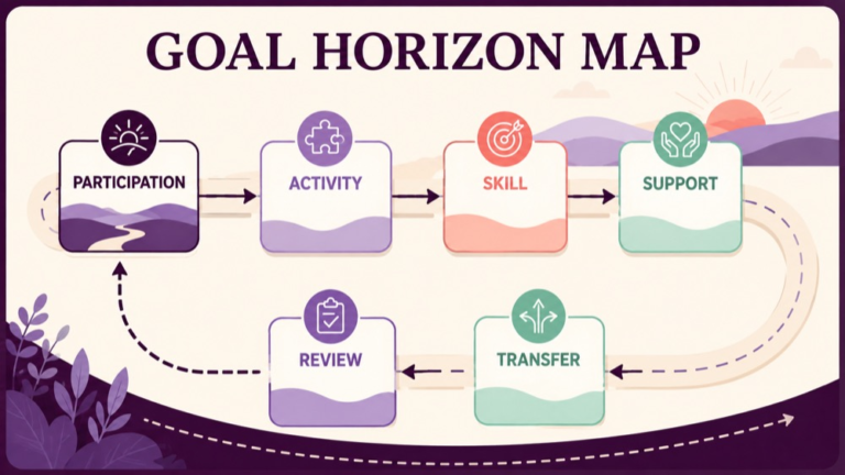 Long term and short term goals speech therapy concept map showing the core domains and clinical questions