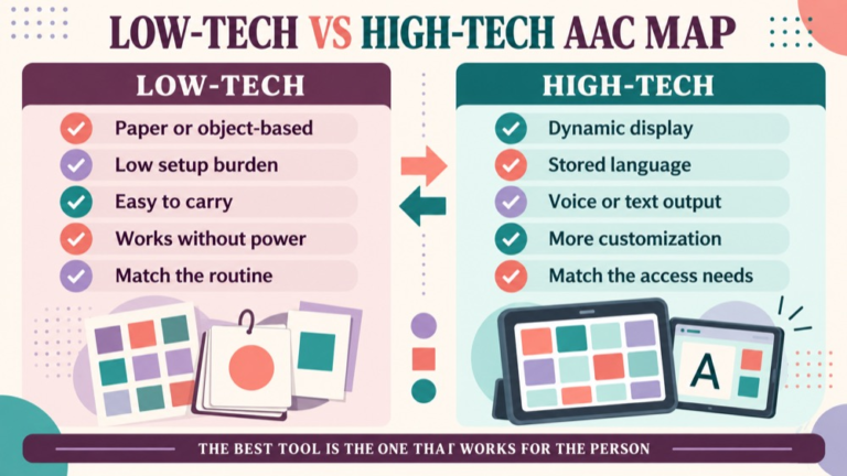 Low tech vs high tech aac concept map showing the core domains and clinical questions