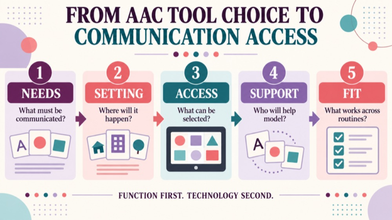 Low tech vs high tech aac infographic showing context, evidence, and proportionate next steps