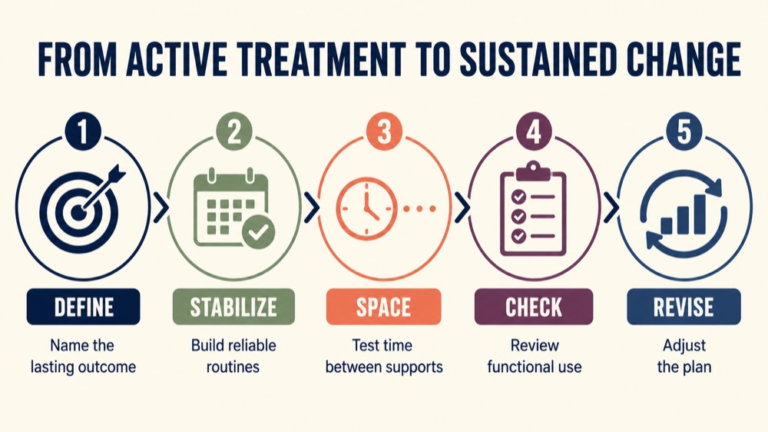 Maintenance in speech therapy infographic showing context, evidence, and proportionate next steps