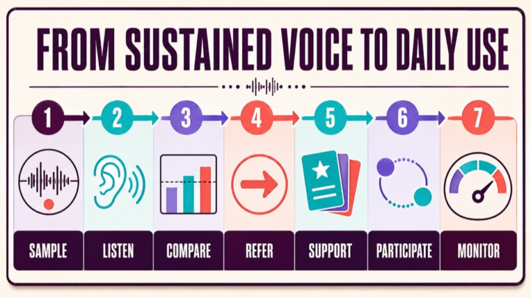 Maximum phonation time infographic showing context, evidence, and proportionate next steps