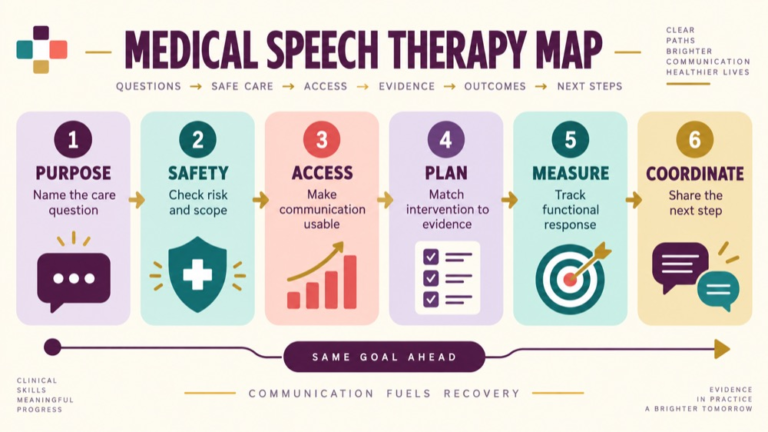 Medical speech therapy intervention concept map showing the core domains and clinical questions