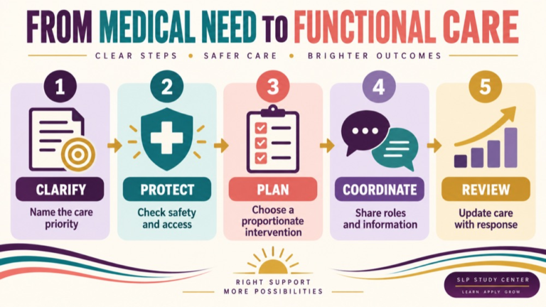 Medical speech therapy intervention infographic showing context, evidence, and proportionate next steps