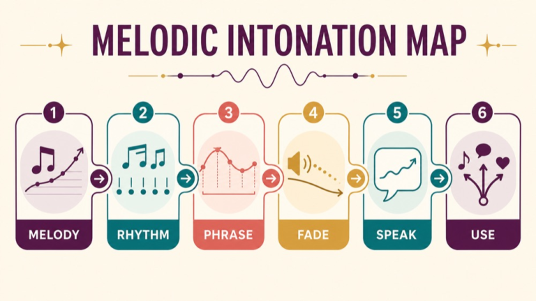 Melodic intonation therapy concept map showing the core domains and clinical questions