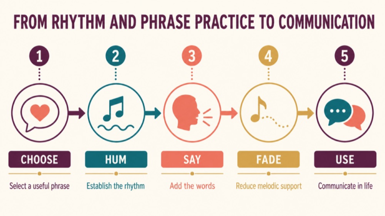 Melodic intonation therapy infographic showing context, evidence, and proportionate next steps