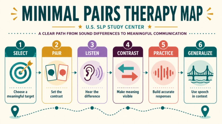 Minimal pairs therapy concept map showing the core domains and clinical questions