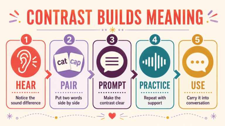 Minimal pairs therapy infographic showing context, evidence, and proportionate next steps