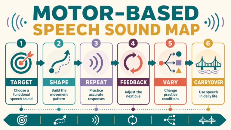 Motor based speech sound treatment concept map showing the core domains and clinical questions