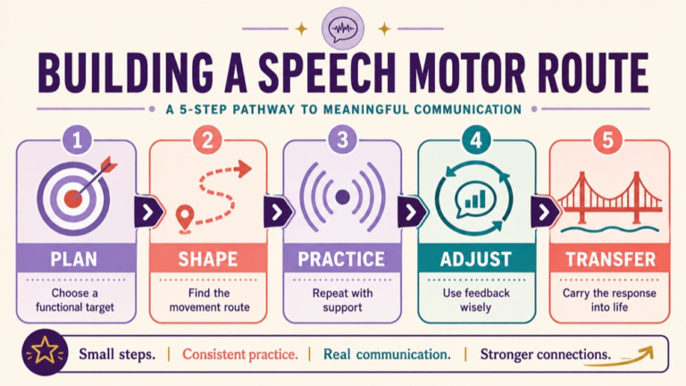 Motor based speech sound treatment infographic showing context, evidence, and proportionate next steps