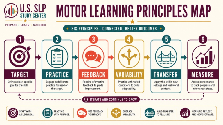 Motor learning principles speech therapy concept map showing the core domains and clinical questions