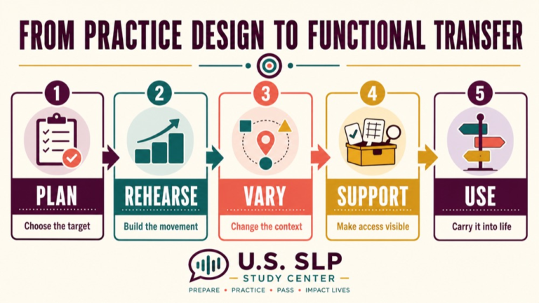Motor learning principles speech therapy infographic showing context, evidence, and proportionate next steps