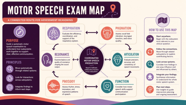 Motor speech examination concept map showing the core domains and clinical questions
