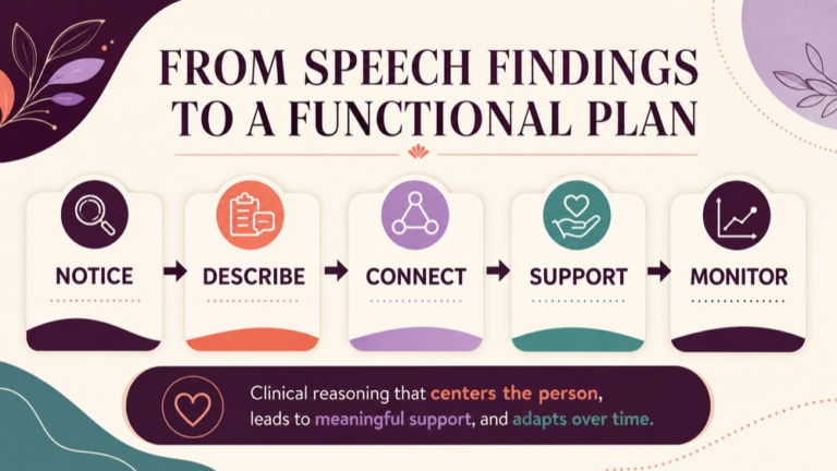 Motor speech examination infographic showing context, evidence, and proportionate next steps